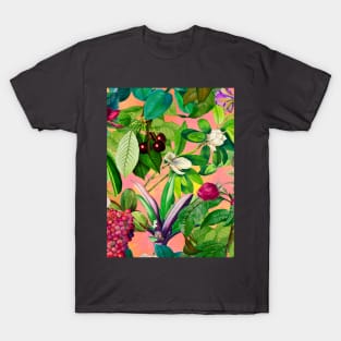 Trendy tropical floral leaves and fruits tropical pattern, botanical illustration, tropical plants, rose blush pink floral illustration T-Shirt